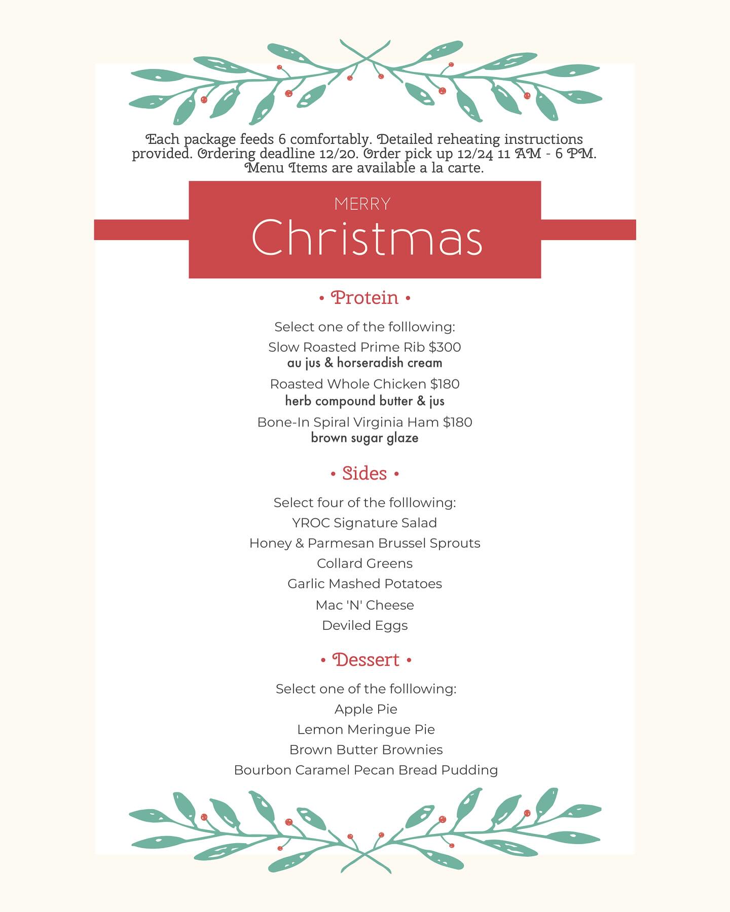 YROC Christmas To-Go Menu 2024