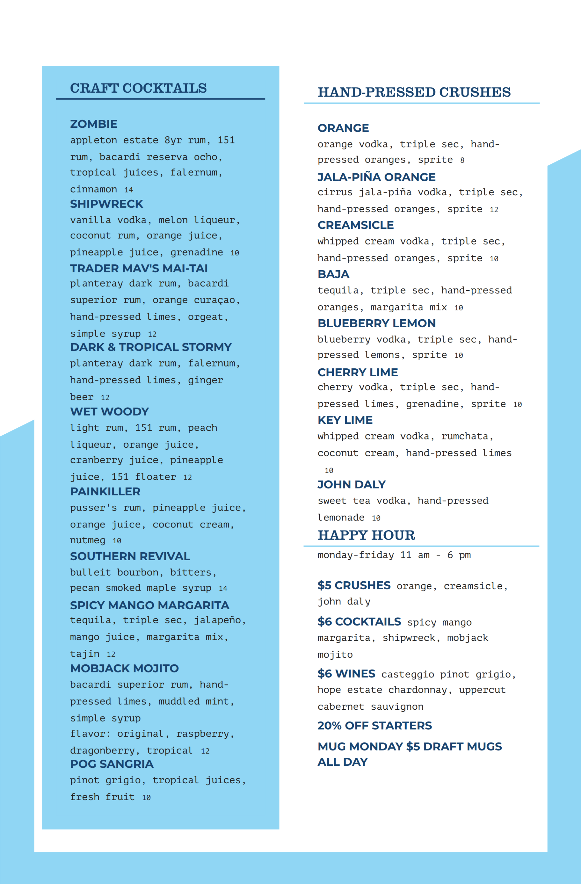 YROC Drink Menu March Craft Cocktails and Crushes